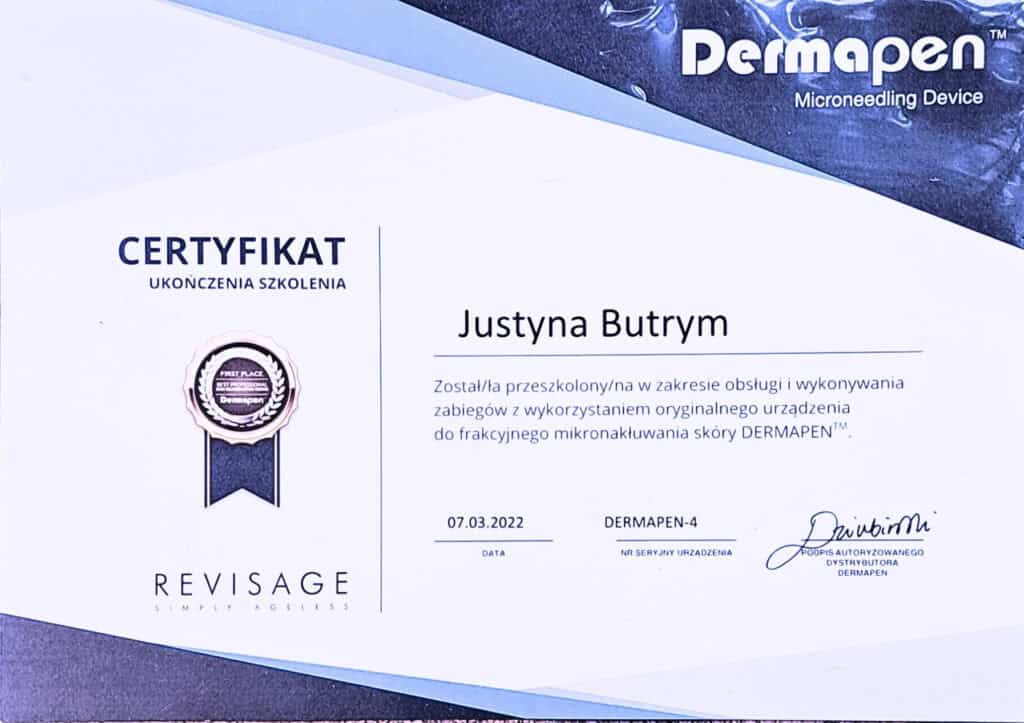 Certyfikat szkoleniowy Dermapen dla kosmetologów i dermatologów, certyfikat ukończenia kursu mikroigłowania skóry.