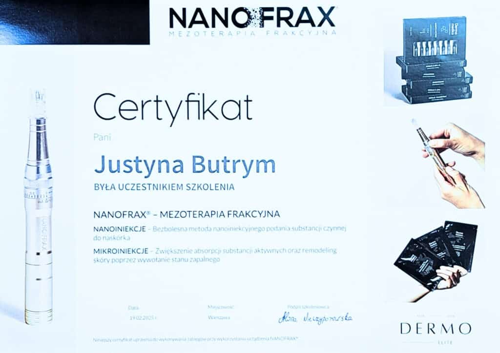Certyfikat Nanofrax mezoterapia frakcyjna, szkolenie i kurs z mikroiniekcji.