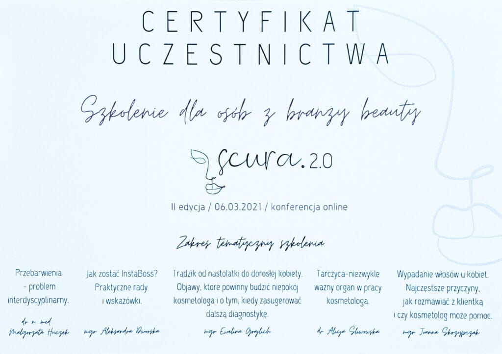 Certyfikat opieki kosmetycznej, szkolenie branża beauty dla kosmetologów i estetyków.