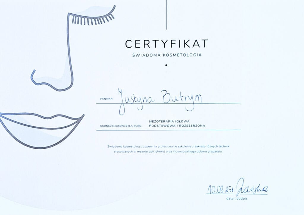 Certyfikat kosmetologii Justyna Butrym, szkolenie z mezoterapii igłowej, certyfikat świadomości kosmetologii.