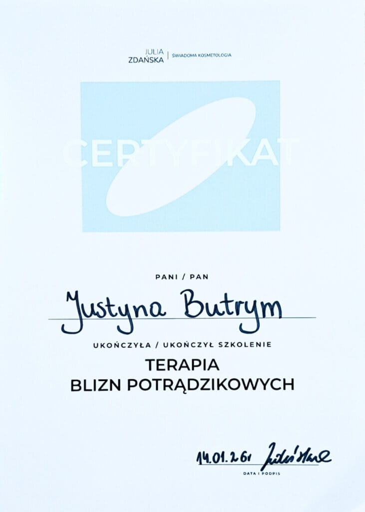 Tytuł: Certyfikat. Certyfikat szkolenia z terapii blizn potrądzikowych Justyny Butrym.