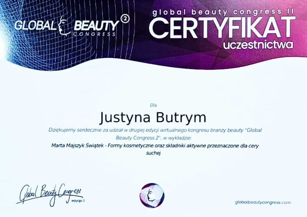 Certyfikat Justyna Butrym, branża kosmetyczna, aktywne składniki, cera sucha, certyfikat beauty congress 2023.