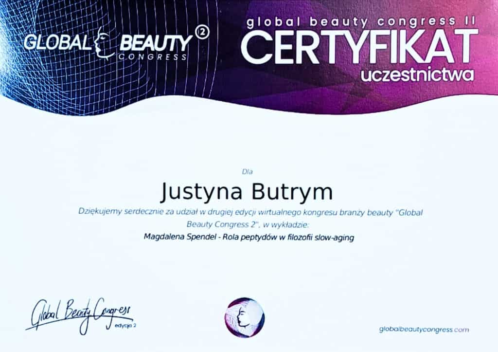Certyfikat Justyna Butrym z udziału w kongresie branży beauty, specjalista od pielęgnacji i urody.
