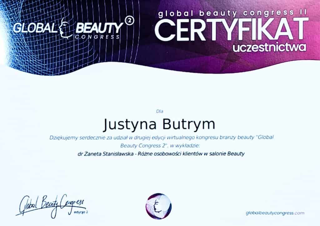 Certyfikat uczestnictwa w kongresie beauty Global Beauty Congress 2.