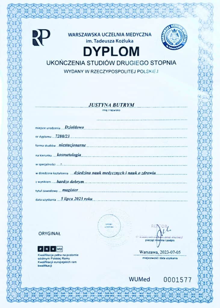 Certyfikaty z dermapenu. Dyplom ukończenia studiów kosmetologii, medycyny i zdrowia, wydany przez Warszawską Uczelnię Medyczną.